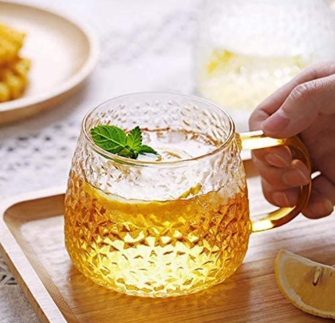 KiKiluxxa Golden Handle Tea and Coffee Cup Glass Soup Mug, Big Coffee Mug,Green Tea Mug,Cappuccinos Cup, Glass Mug for Tea Coffee, Lemon Glass Cup (410ml, Set of 3)
