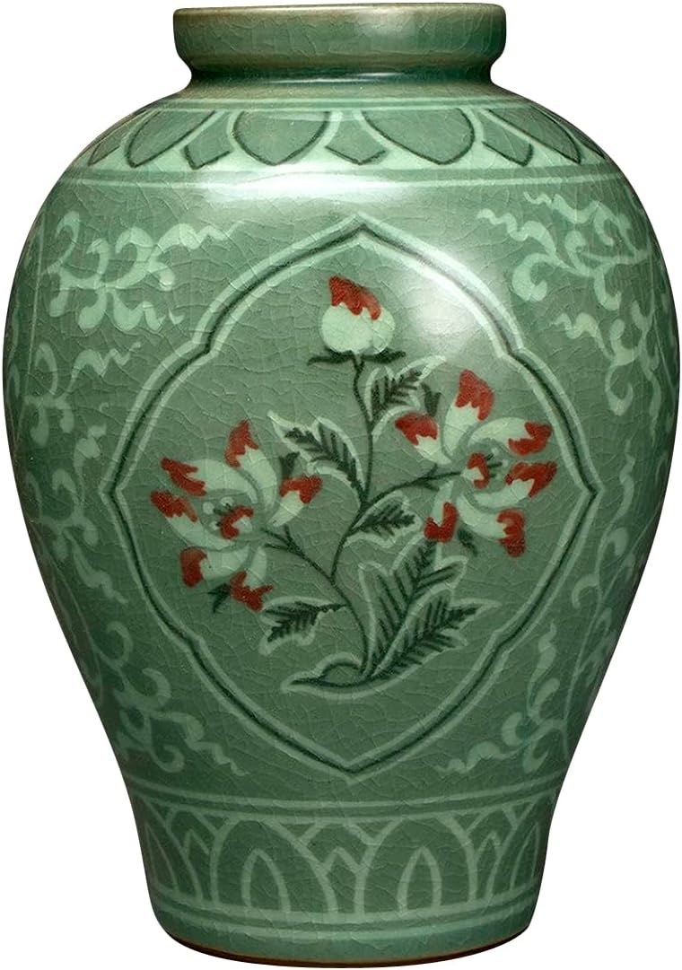 Korean Celadon Glaze Semi-Round Inlaid Copper Paint Lotus Flower Inlay Design Green Decorative Porcelain Ceramic Pottery Home Decor Accent Vase