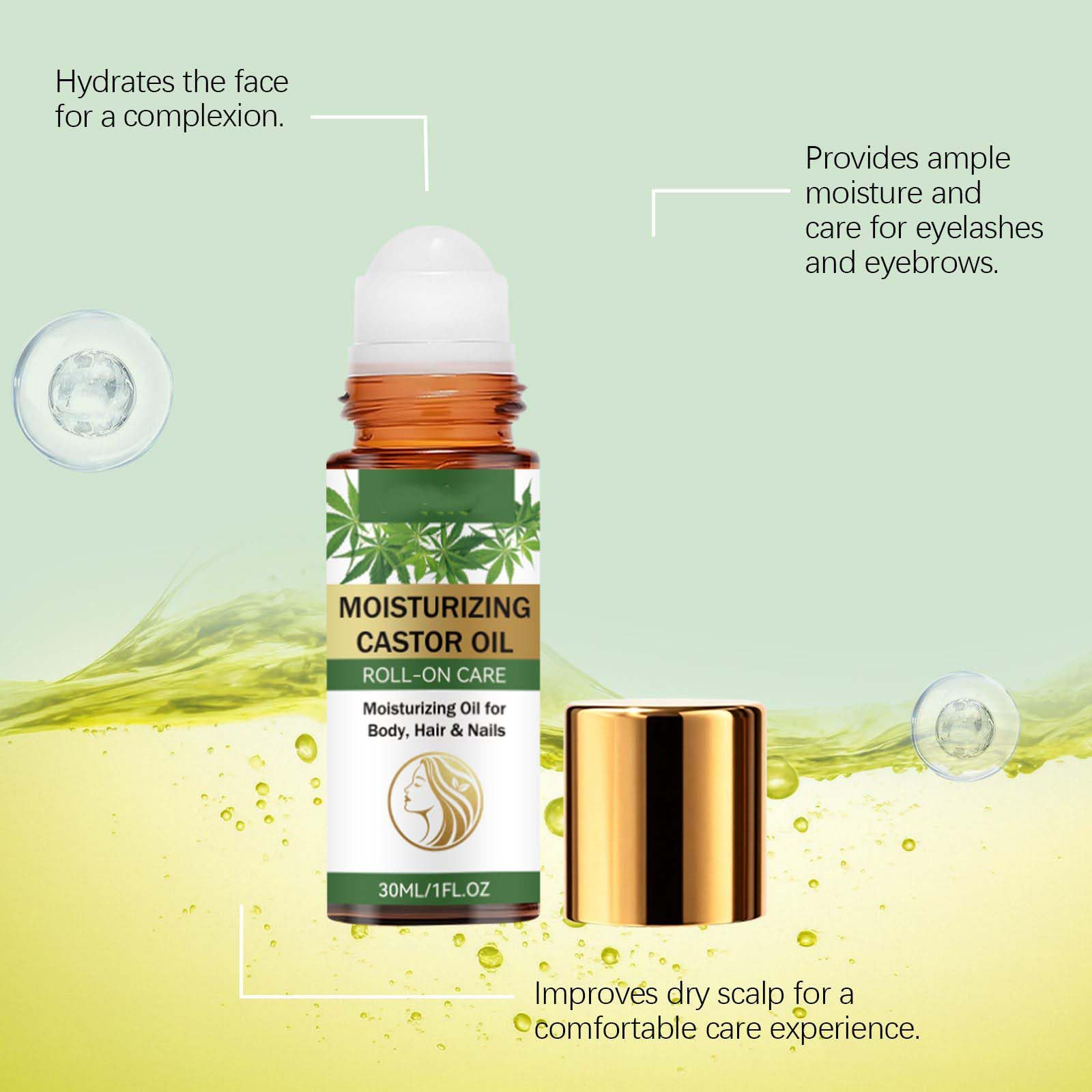 Aceite de ricino orgánico prensado en frío, aceite de ricino hidratante para abdomen, cara, debajo de los ojos, piel corporal, aceite de ricino con rodillo de cuarzo rosa, hidratación profunda de la