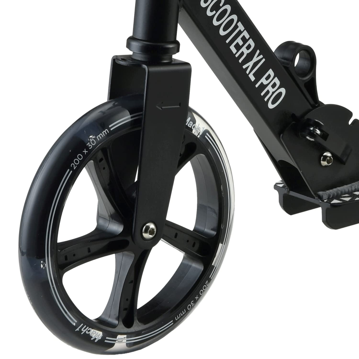 Mach1 Kick - Patinete de aluminio para ciudad, ruedas grandes de 200 mm, con luz LED, neumáticos para adultos y niños, plegable, color negro