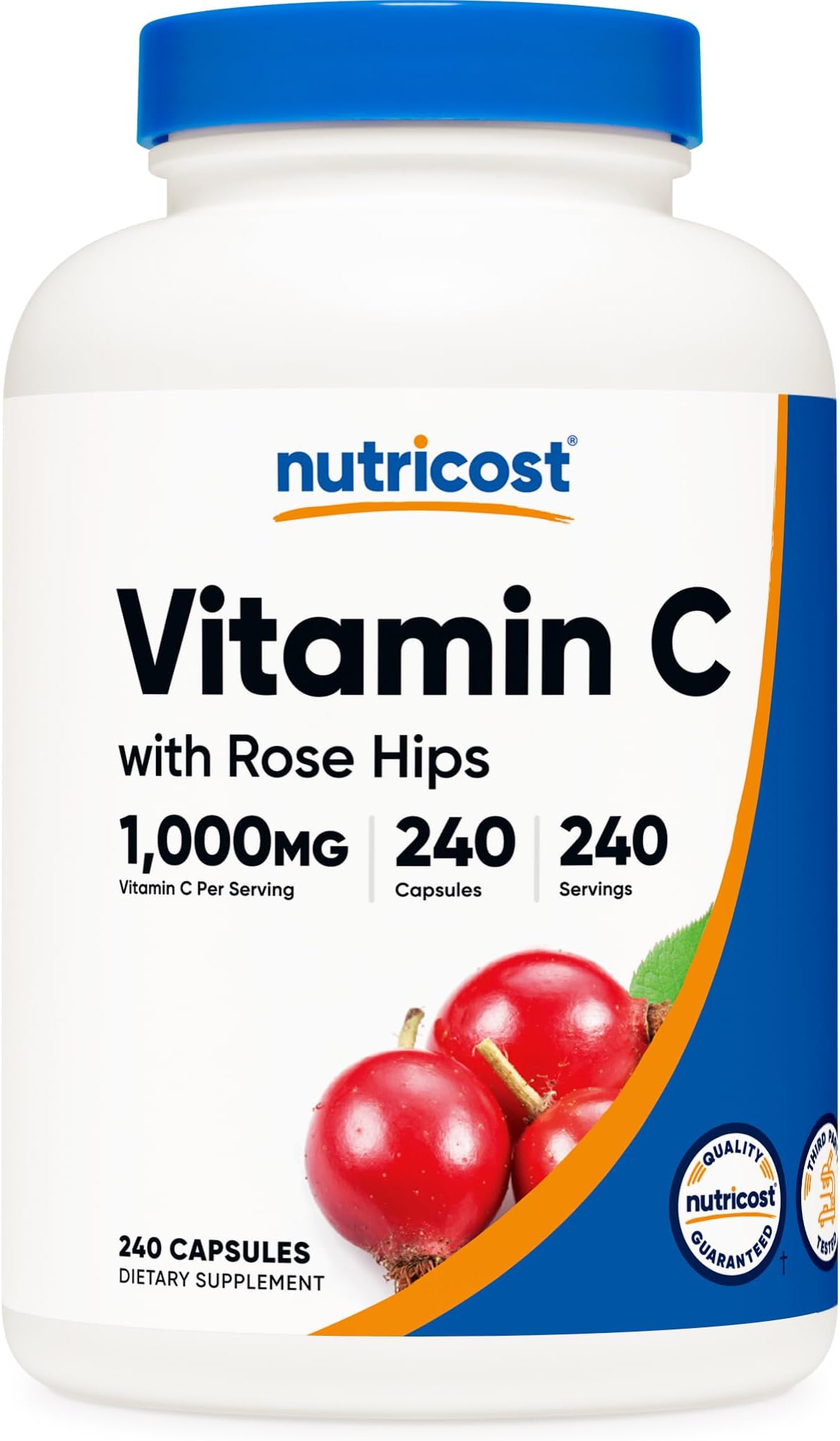 Vitamin C with Rose Hips 1025mg, 240 Capsules - Vitamin C 1,000mg, Rose Hips 25mg, Premium, Non-GMO, Gluten Free Supplement
