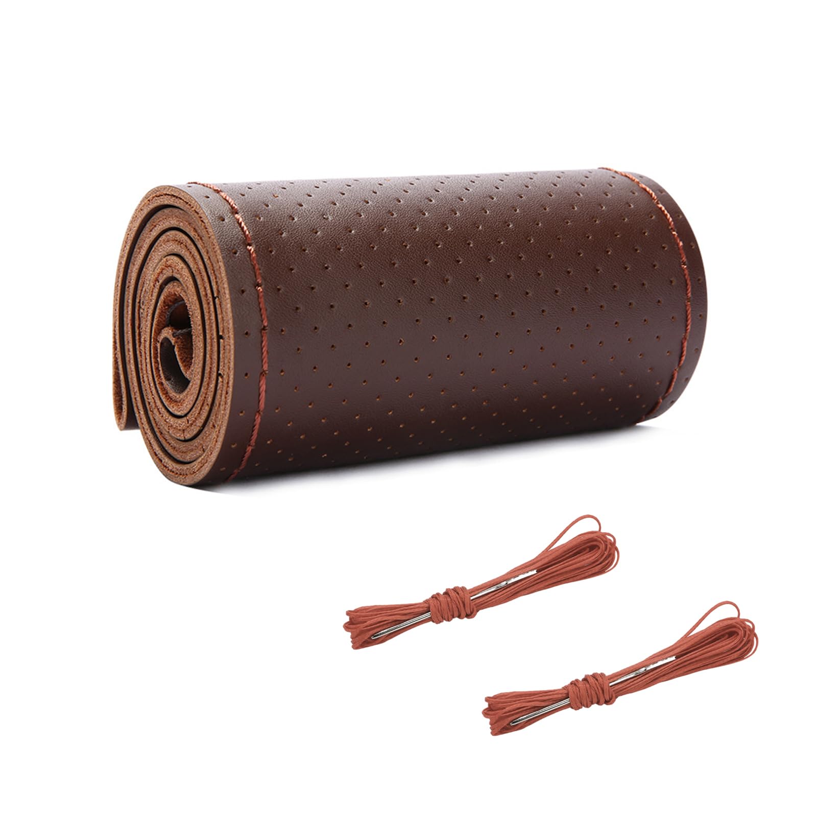 Augeny Genuine Leather Steering Wheel Cover, Breathable Anti-Slip Car Steering Wheel Protector Stitch on Wrap for Max Diameter 15 Inch, DIY Sewing with Needle Thread (Full Hole, Coffee)