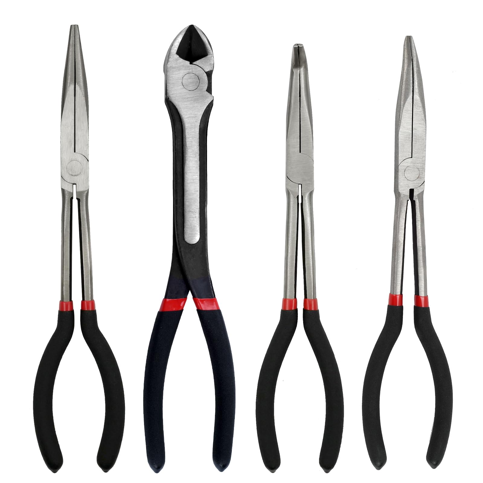 4-Piece 11" Extra Long Needle Nose Pliers Set with Insulated Comfort Grip, Straight Long Reach, 45/90°Bent Nose & Diagonal Pliers for Bending, Shaping & Trimming in Narrow Spaces