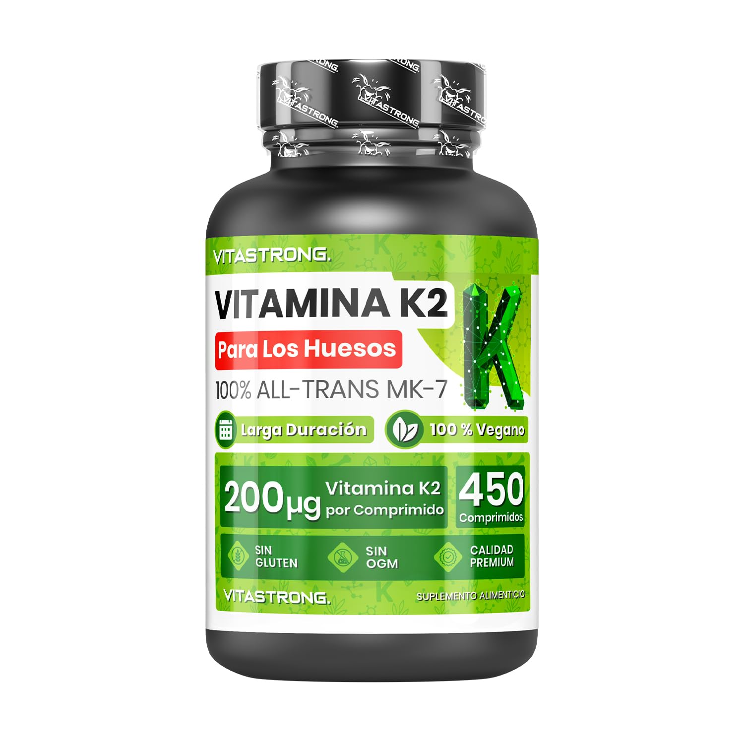 Vitamina K2 MK7 200µg Vitastrong Vegan, 1 Comprimido/Día (Suministro 15 Meses) 450 Comprimidos, All-Trans Alta Biodisponibilidad, Vitamina K2 (Menachinona) Sin Gluten, Lactosa, OGM