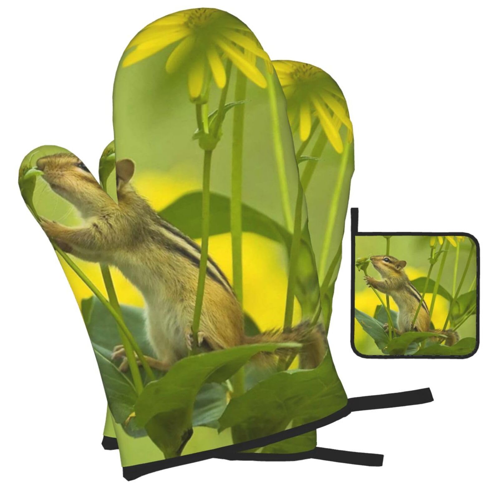 Wildlife Squirrel Flowers Printed Oven Mitts and Pot Holders Heat Resistant Set of 3 Pcs, Modern Kitchen Gloves & Potholders for Cooking Baking Grilling
