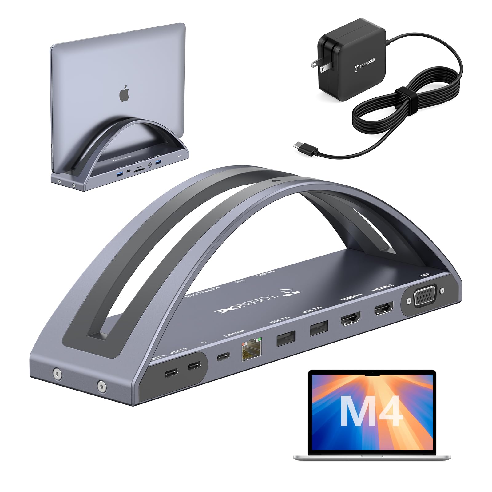 TobenONE MacBook Docking Station Dual 4K Monitor for M1-M5 Pro/Max, 13-in-2 USB C Docking Station with 100W Power Adapter, Laptop Dock Stand with 2