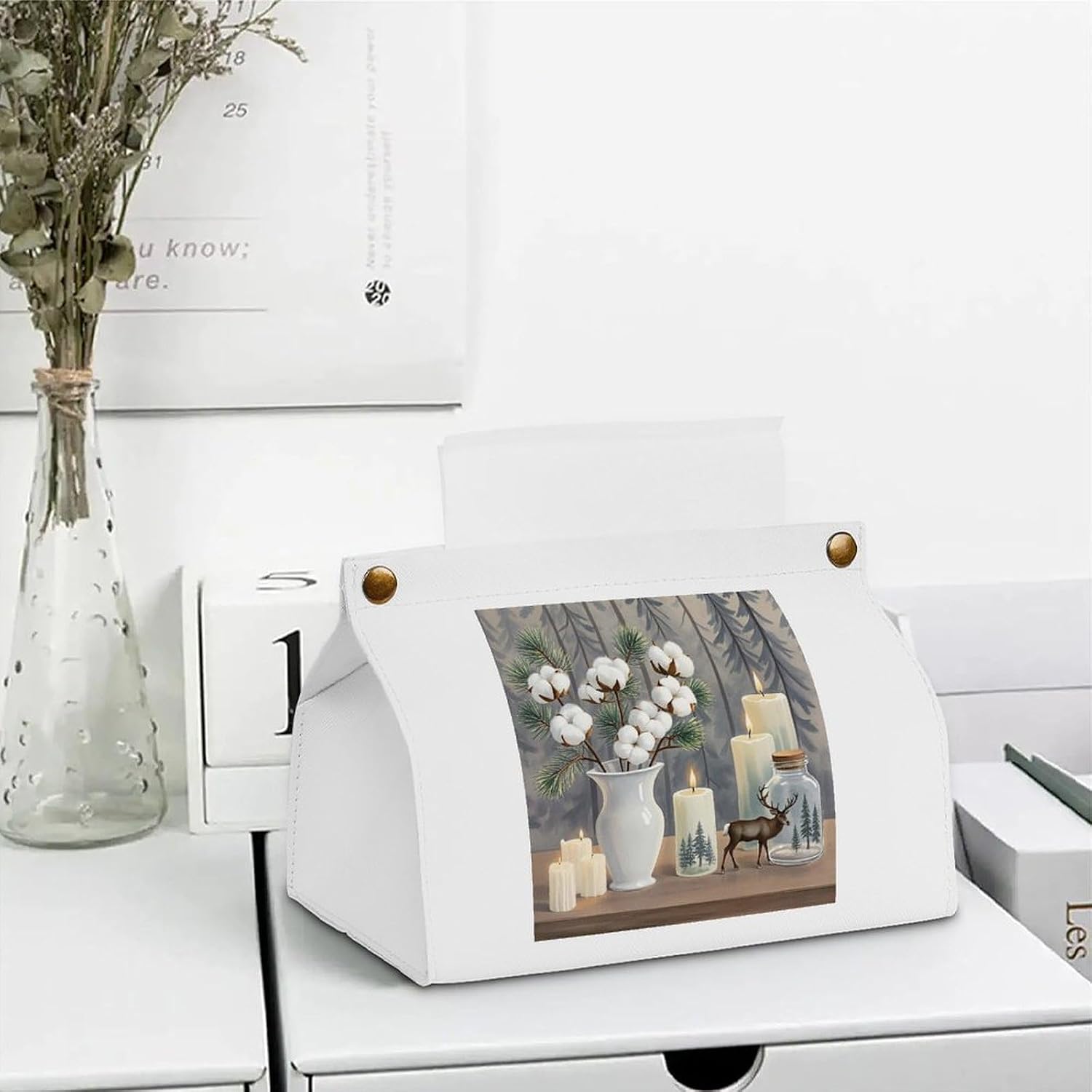 Decorative PU Tissue Paper Holder Pine Tree Candles Printed Tissue Box Cover Napkin Tissues Organizer Home Decor for Bathroom Night Stands Desk Car Dining Table image 5