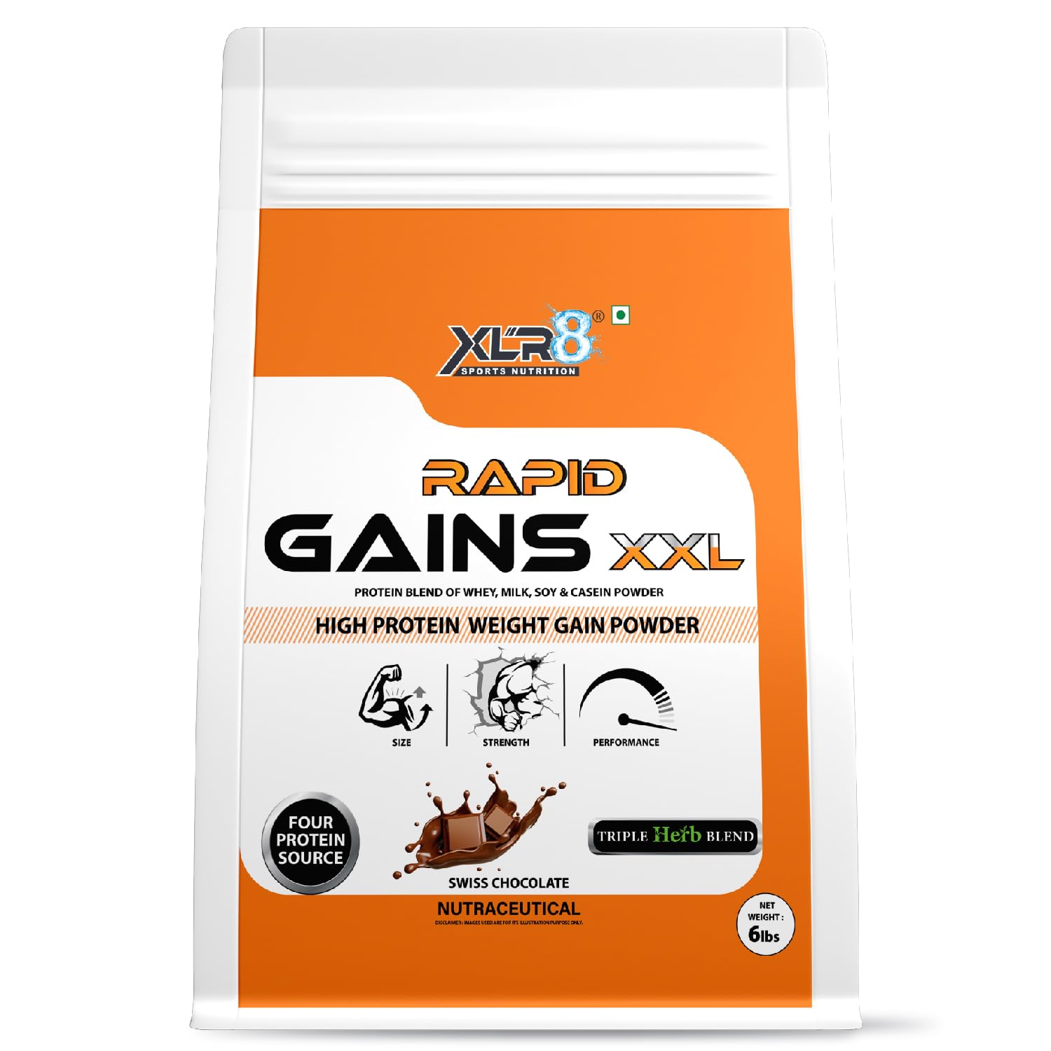 XLR8 Rapid Gains XXL High Protein and High Calorie Formula for Mass and Weight Gain with Performance Boosting Ayurvedic Herbs and Essential Vitamins (Swiss Chocolate, 2721 g (Pack of 1))