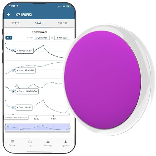 Tempo Disc Termómetro inalámbrico, higrómetro, presión barométrica y sensor de punto de rocío Beacon y registrador de datos con monitoreo en