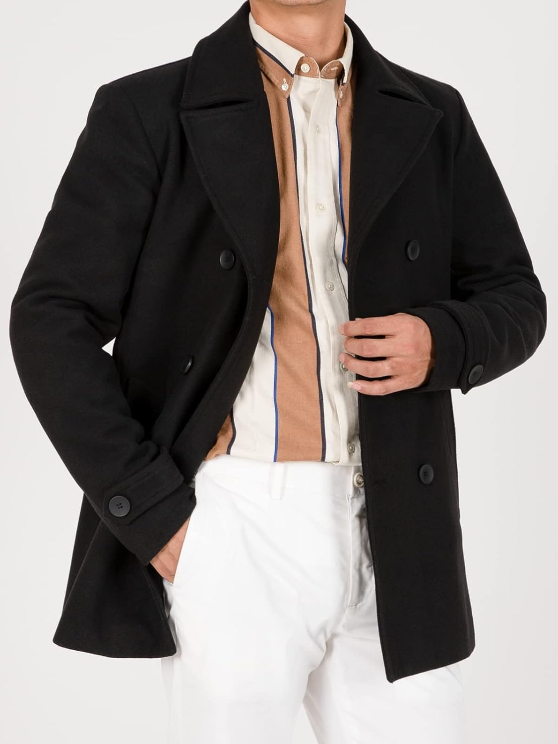 Hacikis Mens Double Breasted Wool Blend Pea Coat Quilted Lined Notched Collar Trench Coats