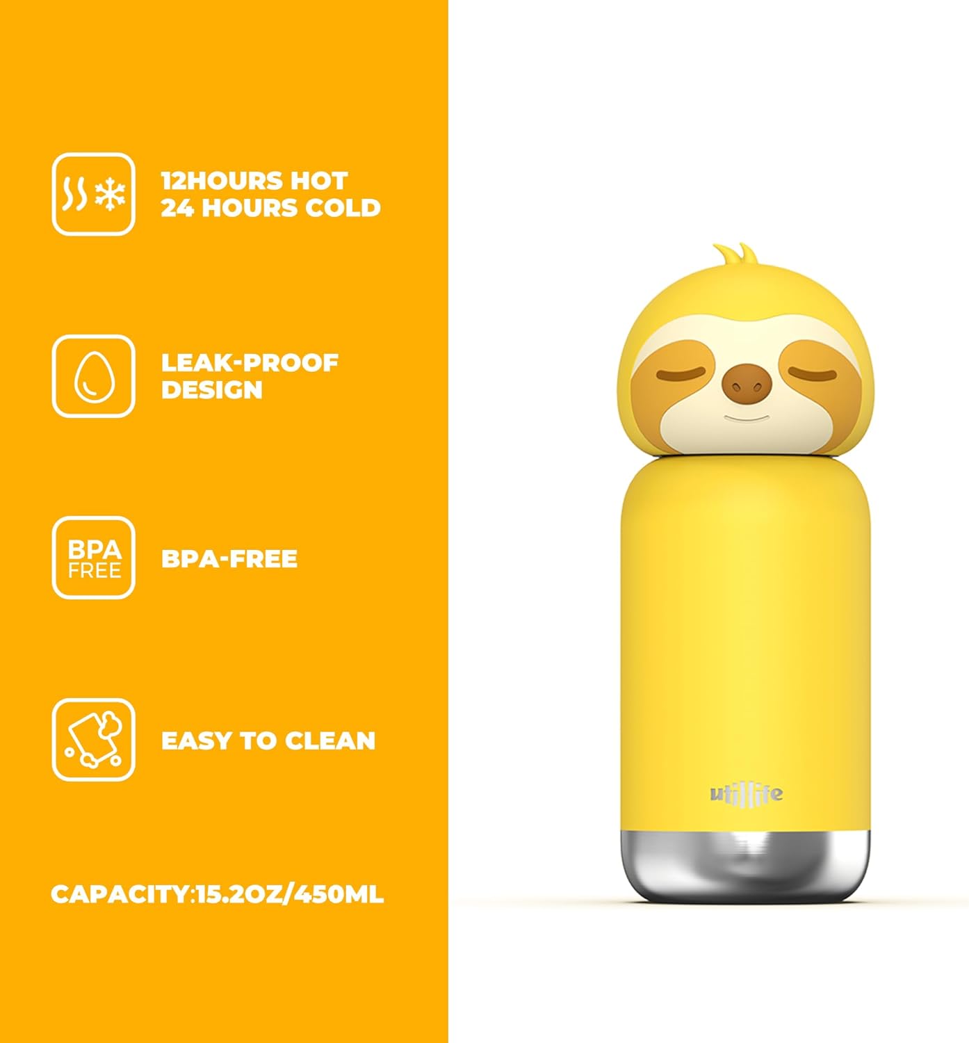 Insulated Stainless Steel Tumbler with Detachable Soft Animal Head,Leakproof BPA-Free,15.2oz Kids Water Bottle with Straw for School and Travel(Sloth)
