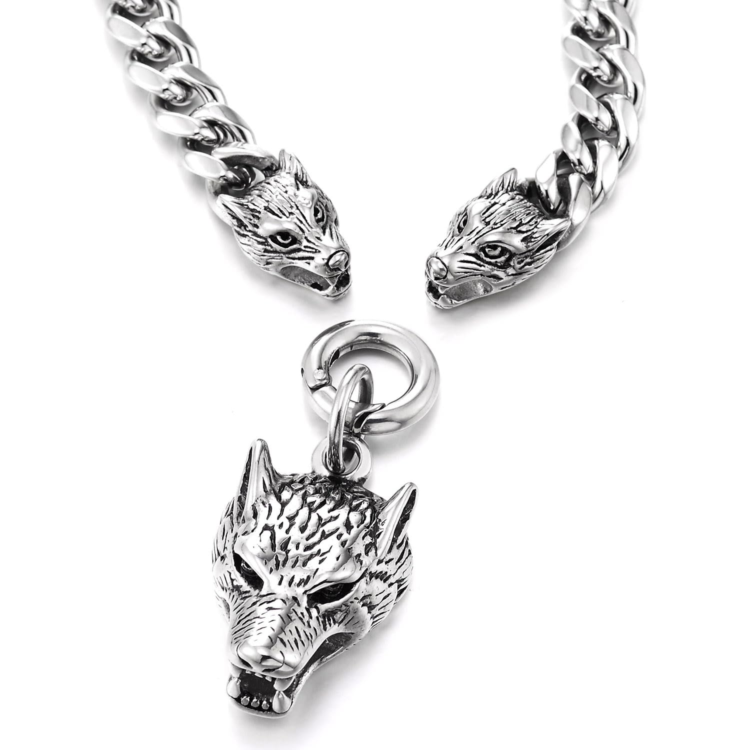 COOLSTEELANDBEYOND Collana da Uomo in Acciaio Inossidabile con Tripla Testa di Lupo, Catena Groumette Vichinga Norrena, Ciondolo Predatore a Maglia Cubana, Gioiello Biker Grintoso, Regalo per Lui