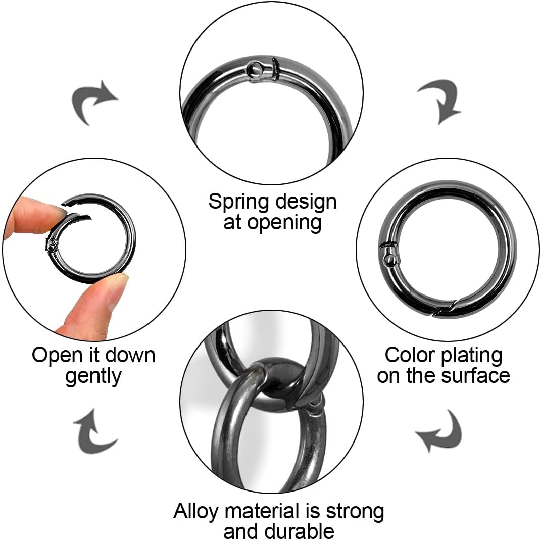 24 PCS Trigger Spring O Rings, Round Carabiner Clip, Gold Binder Key Rings, Metal Keychain Clip Snap Hooks, Circle Spring Key Ring for Keyring Buckle Purse Handbag Hardware, 4 Sizes (Black Gun) - Image 3