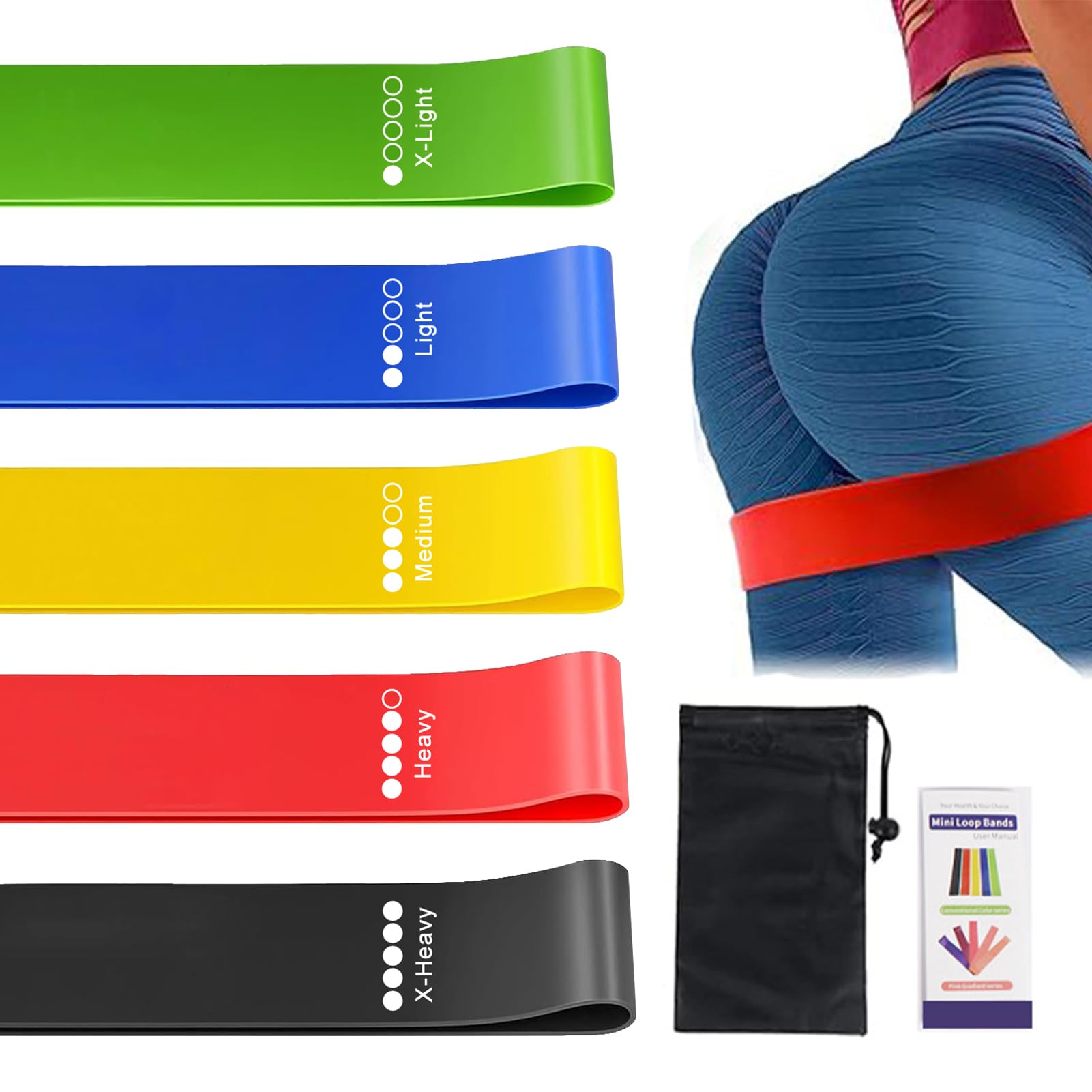 SGERUFZ Set di 5 fasce elastiche, 5 Livelli di Resistenza, Guida agli Esercizi, Borsa da Trasporto, accessori palestra, accessori pilates, palestra donna (Rosa
