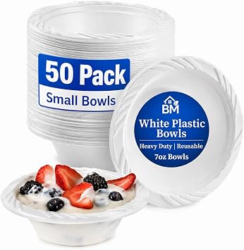 Reusable White Plastic Bowls 7oz 50 Pack Washable and Reusable Tableware Plastic Bowl for Dessert Heavy Duty Dinnerware for Parties, Camping, Birthday, Catering, BBQ