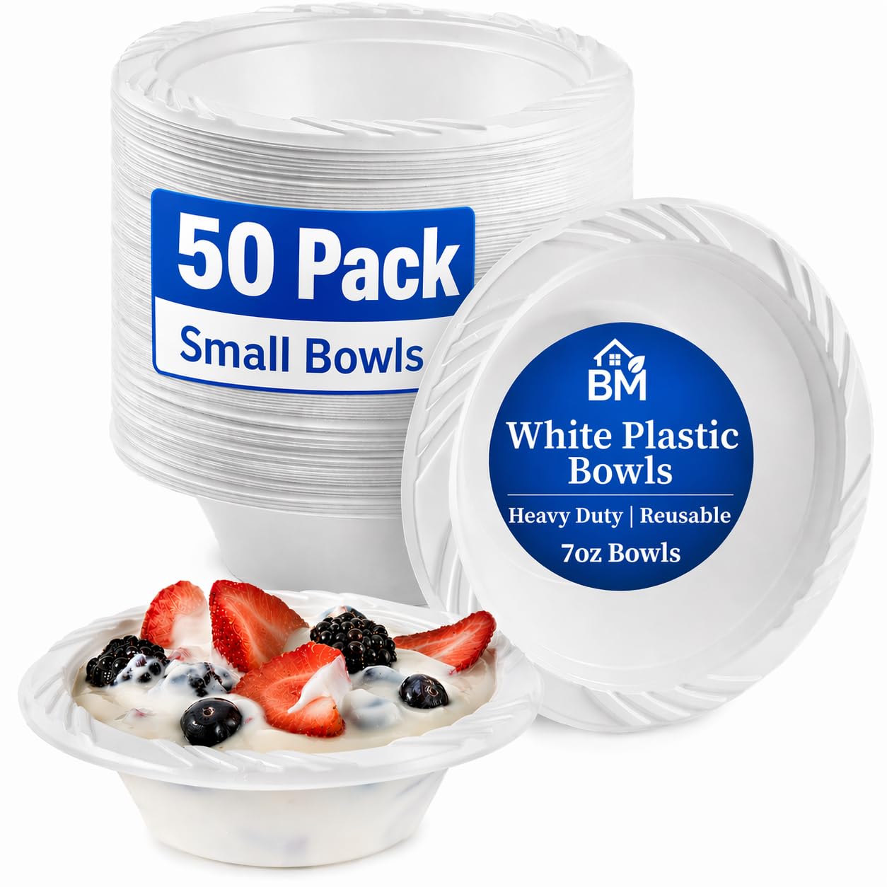 BLISSMART Reusable White Plastic Bowls 7oz 50 Pack Washable and Reusable Tableware Plastic Bowl for Dessert Heavy Duty Dinnerware for Parties, Camping, Birthday, Catering, BBQ