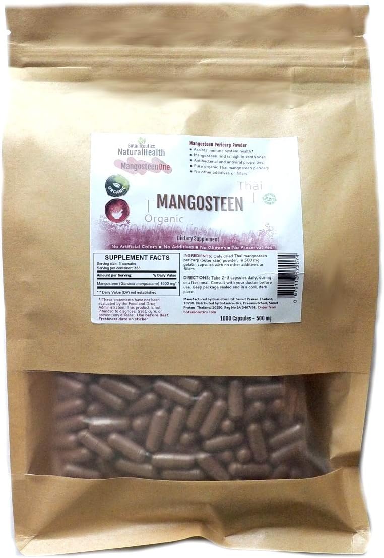 Botaniceutics Organic Mangosteen (Garcinia mangostana) Capsules - 1000 Capsule Value Pack - 500 Mg. Contains Natural Xanthones of The Mangosteen rind for Immune System Health.