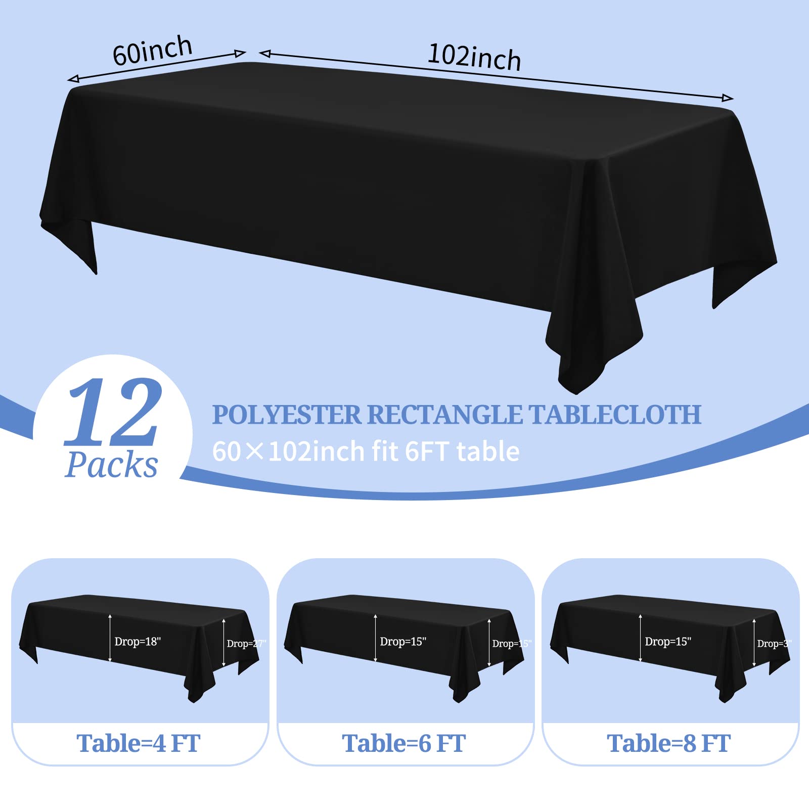 Schwarze Tischdecken 152x213 Cm – 8 Stück, Knitterfreies Polyester, Für Hochzeiten & Partys