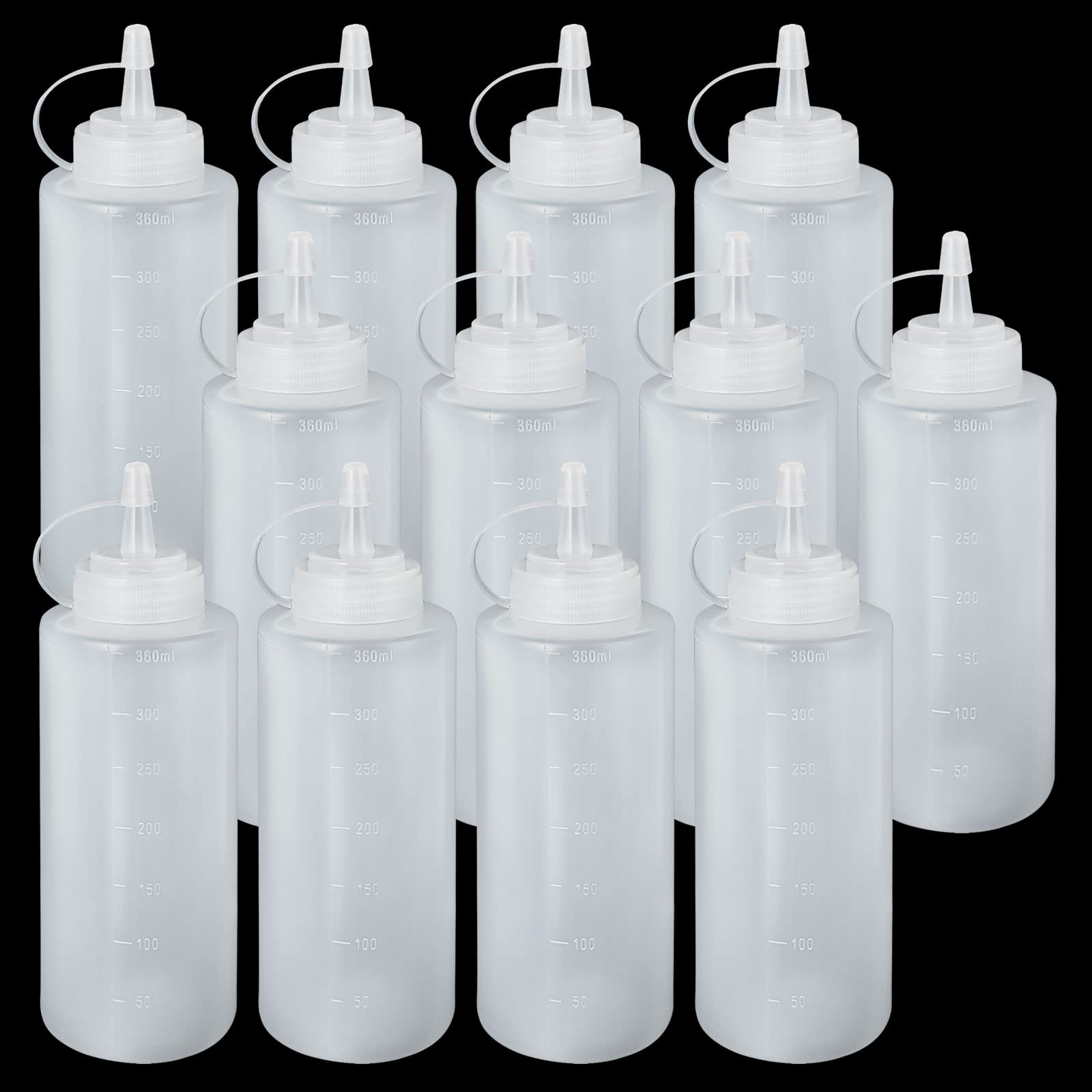 JMIATRY 12 Pcs Squeeze Bottles for Sauces, 360ml/12oz Plastic Sauce Bottle with Cap Lids and Scale, Squeezy Sauce Bottles for Ketchup, Barbecue Sauce and Olive Oil
