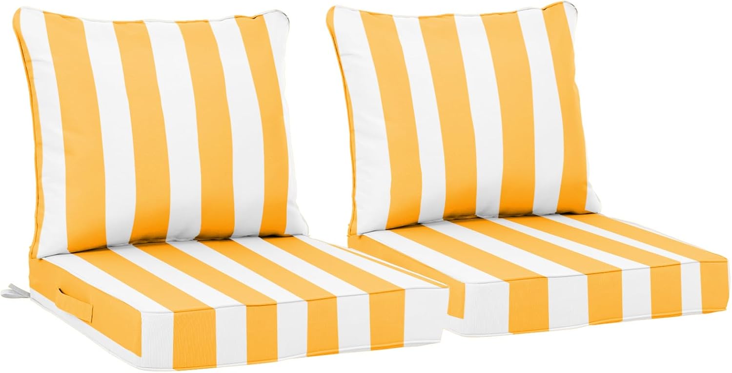 Outdoor Deep Seat Cushion Set of 2 - 24 x 24 Inch Waterproof Fade-Resistant Patio Furniture Cushions with Removable Covers, Adjustable Straps and Handles for Chairs, Sofa, Couch (Yellow White Stripes)