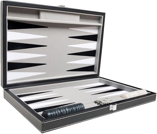Miniatura 4 de Juego de backgammon de viaje de cuero sintético, campo de terciopelo con incrustaciones, 15 pulgadas, color negro