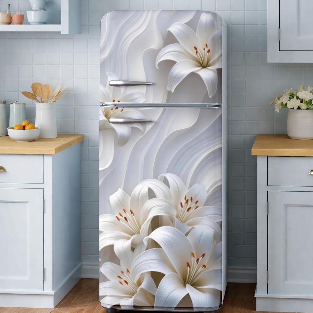 2 unidades de envoltura extraíble para nevera con diseño de flores de lirio, autoadhesivas, mural de vinilo para puerta de nevera, pegatina de cubierta de panel para congeladores, para