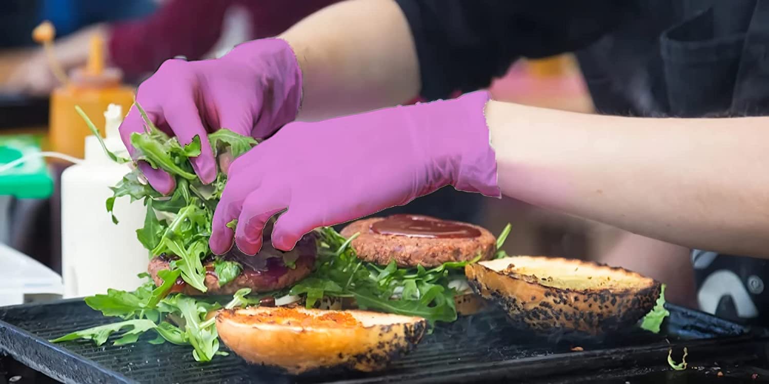 LavaLock Guanti usa e getta in nitrile per barbecue, con fodera in cotone, per cucinare all'aperto, grigliare, affumicatori e barbecue, per uso chef o cucina (misura media, 50 pezzi, rosa con cucchiai