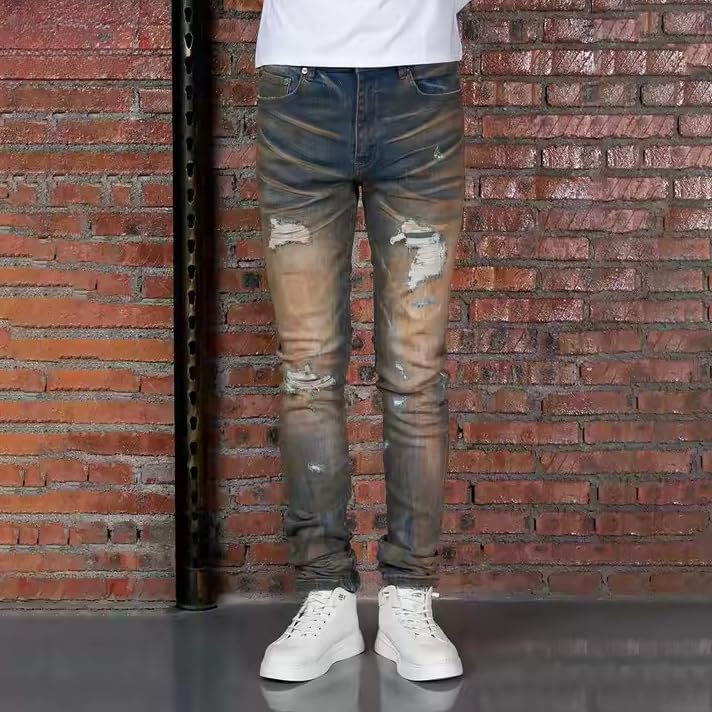 Men's Slim-fit Mid-Rise Denim Jeans with Tie-dye and Holey Design, Hip-hop Streetwear Men's Jeans2