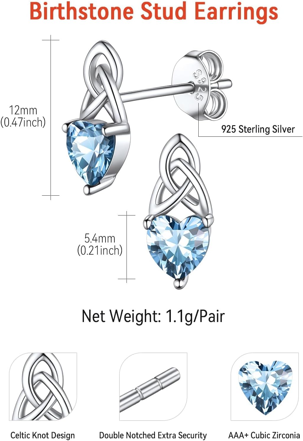 FaithHeart 925 Sterling Silver Birthstone Earrings for Women, Dainty Heart/Princess Cut/Celtic Knot/Cross Birthstone Stud Earrings for Women Pure Silver Birthstone Jewelry Gifts for Mom Daughter Wife - Image 5
