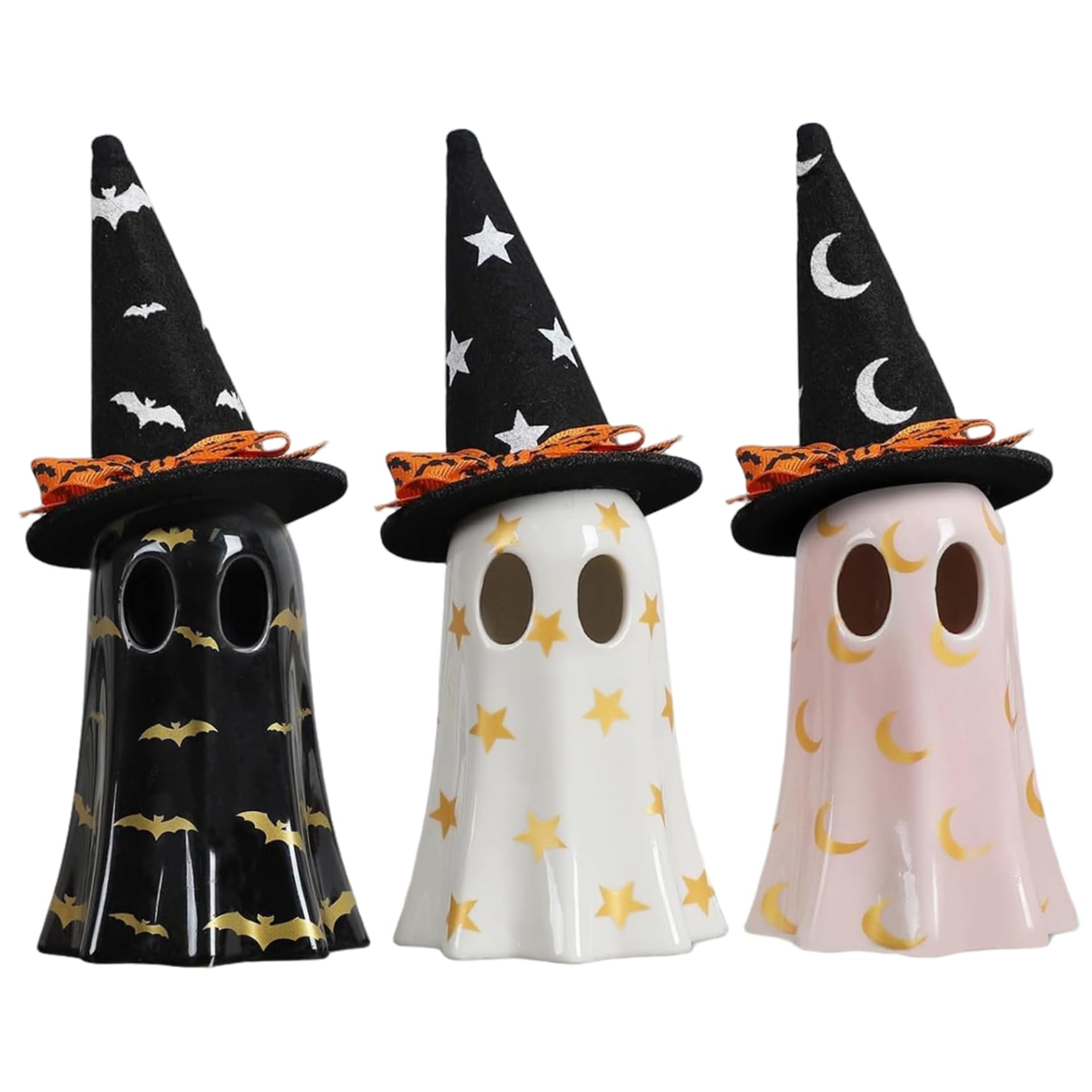 Licsaliwe Ceramic Ghost Decor, 3Pcs Light up Cute Ghost Figurine with Witch Hat for Mantel, Shelf, Tabletop, Spooky Home Decor
