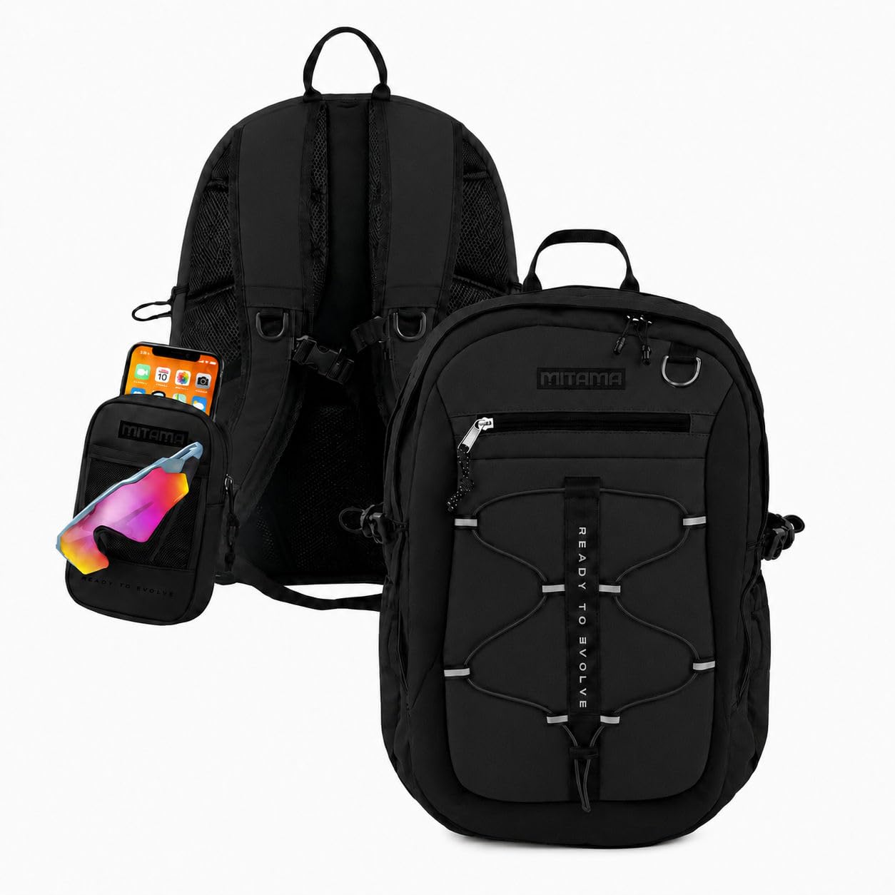 Mitama Zaino Scuola, Univeristà, Viaggio, RTE (READY TO EVOLVE) Midnight Black, Doppio Scomparto con Fibbie Laterali, Ragazzi e Ragazze, Tasca Porta PC e Tasche Accessoriate, con Astuccio, nero