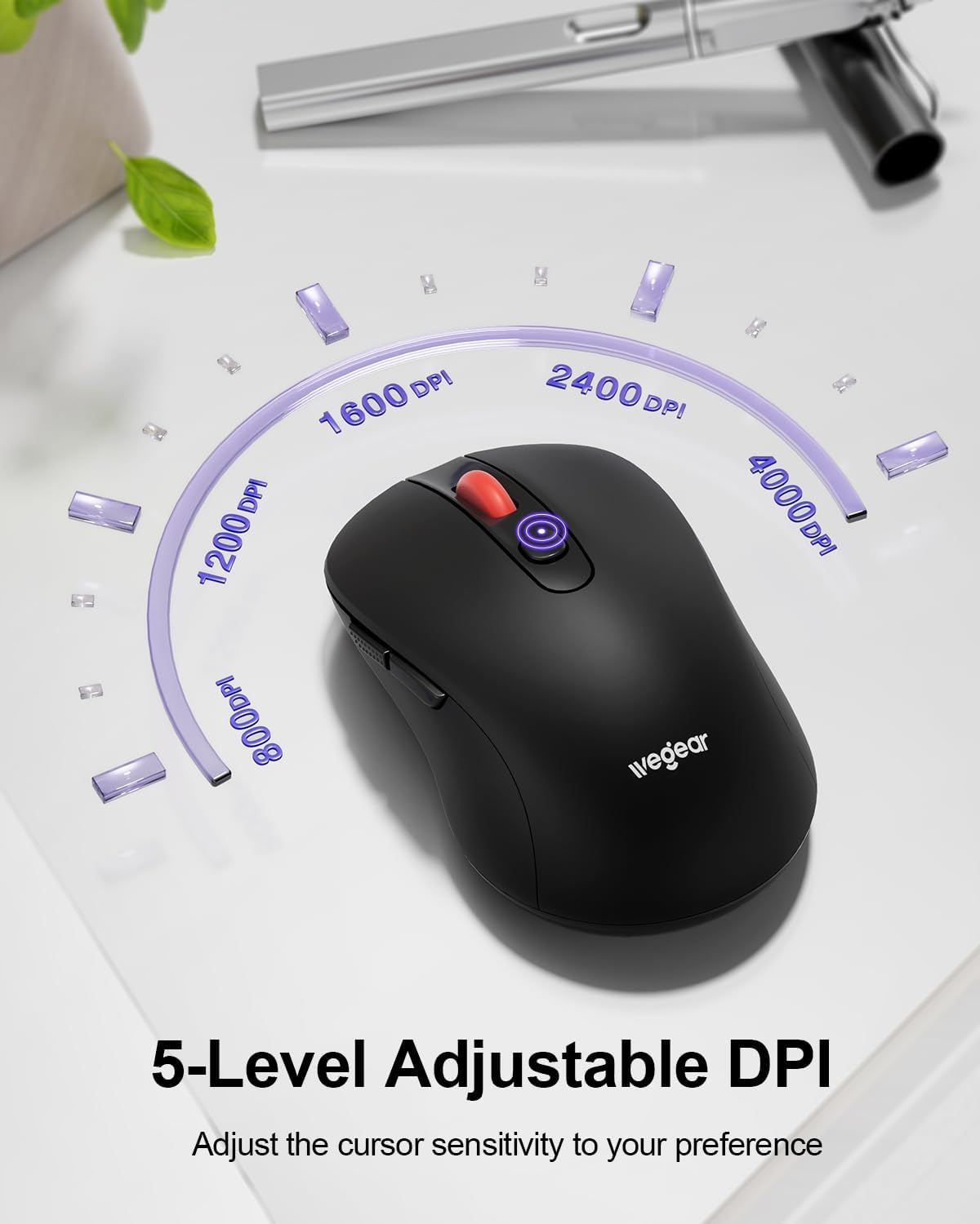 wegear wireless mouse with visual representation of 5 adjustable DPI levels