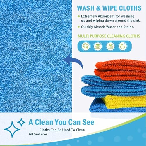 10 Pack Microfiber Cleaning Cloths, Multipurpose Absorbent Towels for Kitchen, Bathroom, Glass, and Furniture, Streak-Free & Lint-Free (Assorted Colors)