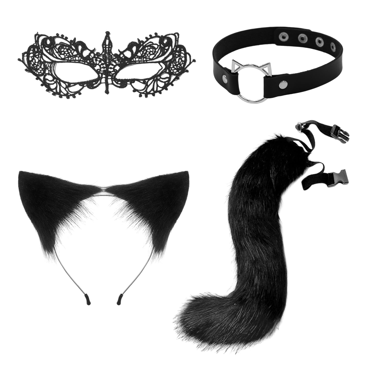 Nidhfg Black 1 Piece Tail, 1 Piece Headband, 1 Piece Collar And 1 Piece Eye Mask, Role Play Clothing Accessories, Cat Clothing Accessories, Party Clothing.
