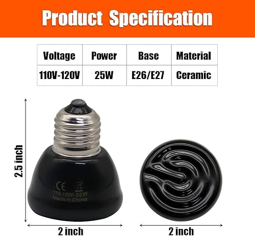 Miniatura 8 de Mini lámpara de calor para reptiles, emisor de calor infrarrojo de cerámica (paquete de 4) base E26E27, AC110V, para mascotas, anfibios, serpientes,