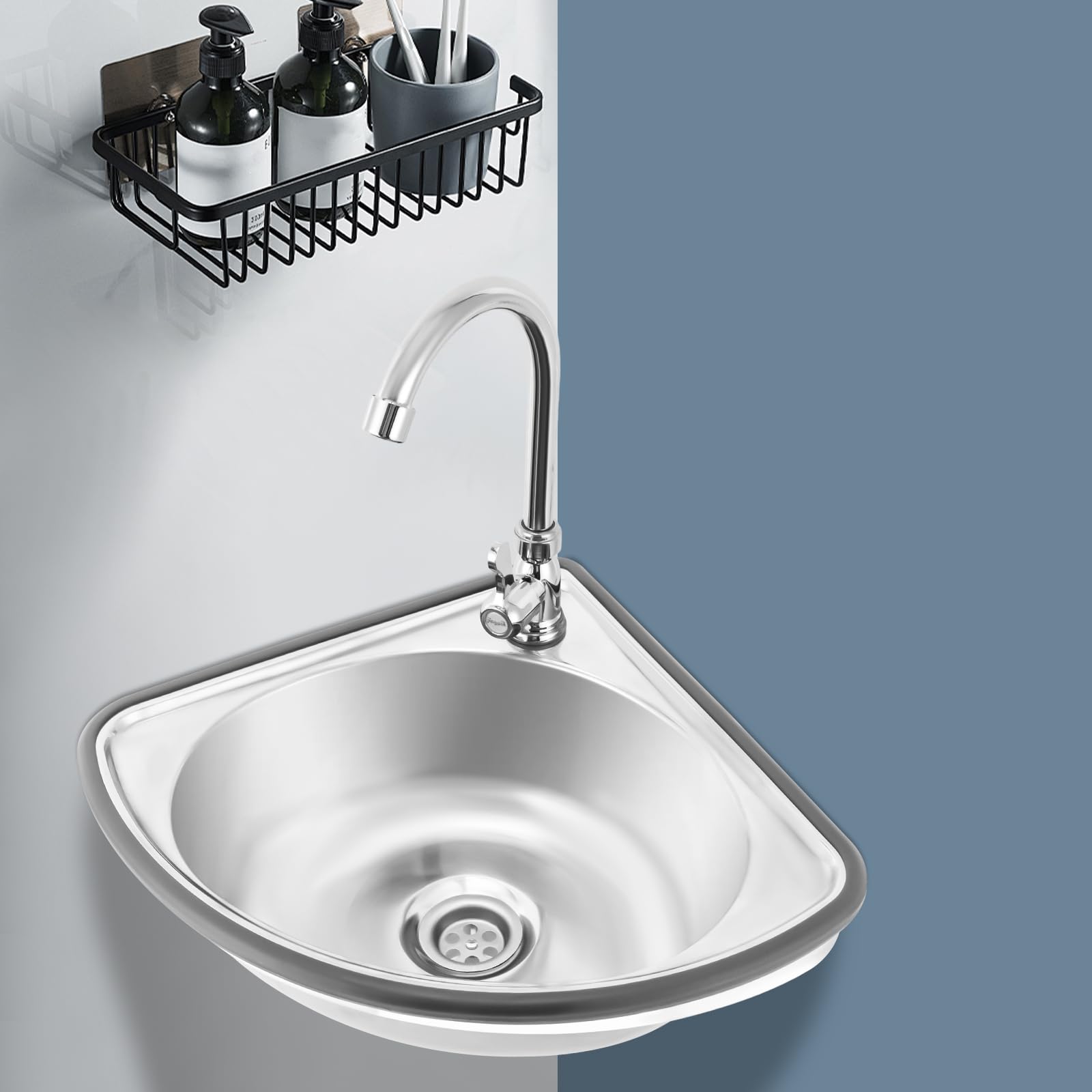 Fregadero de esquina triangular de acero inoxidable, lavabo de pared de 31 x 25 x 5.2 pulgadas, lavabo de esquina montado en encimera con grifo para cocina, bar, restaurante