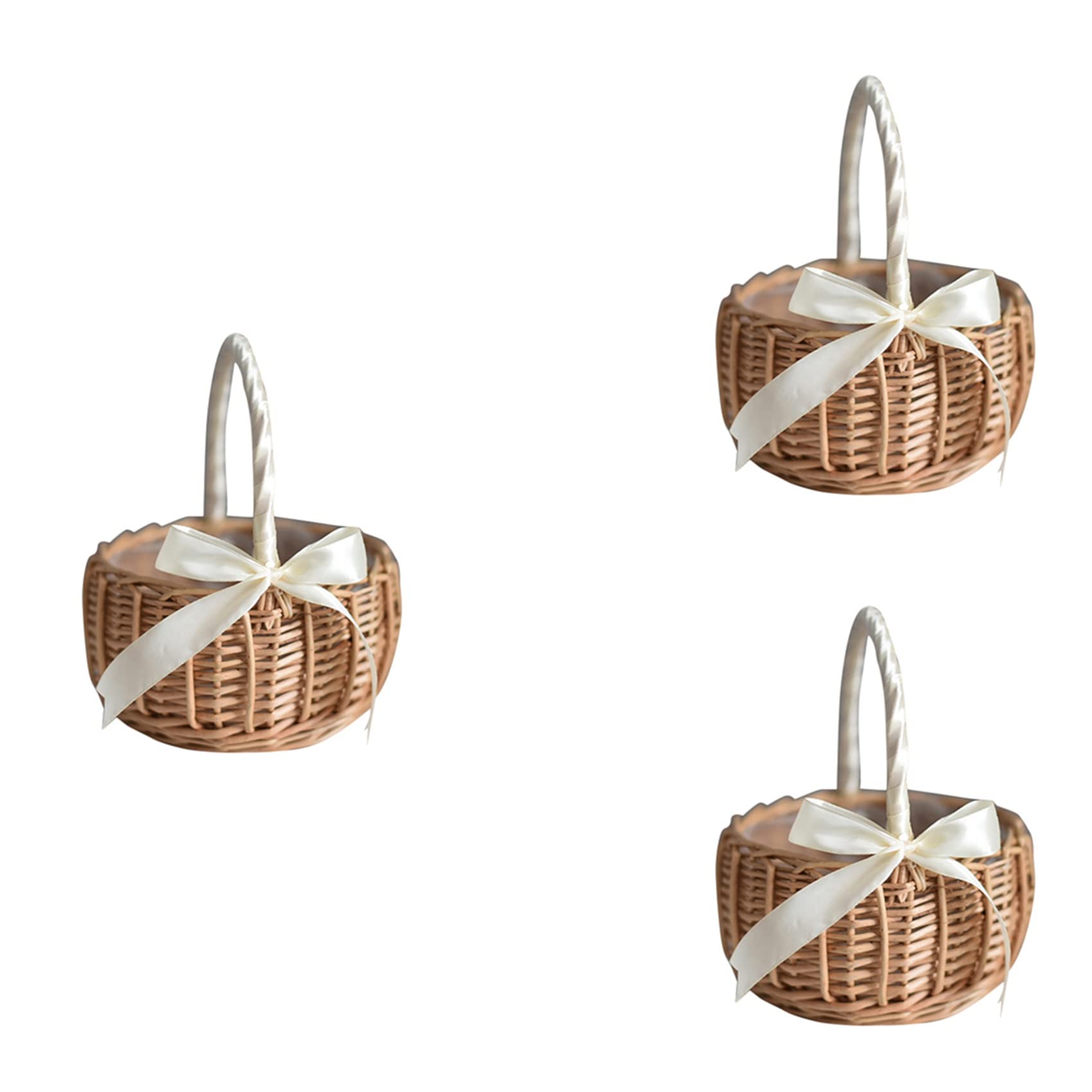 Hndhbfgrt 3X Wicker Woven Flower Basket, with Handle and White Ribbon, Wedding Flower Girl Baskets, for Home Garden Decoration(L)