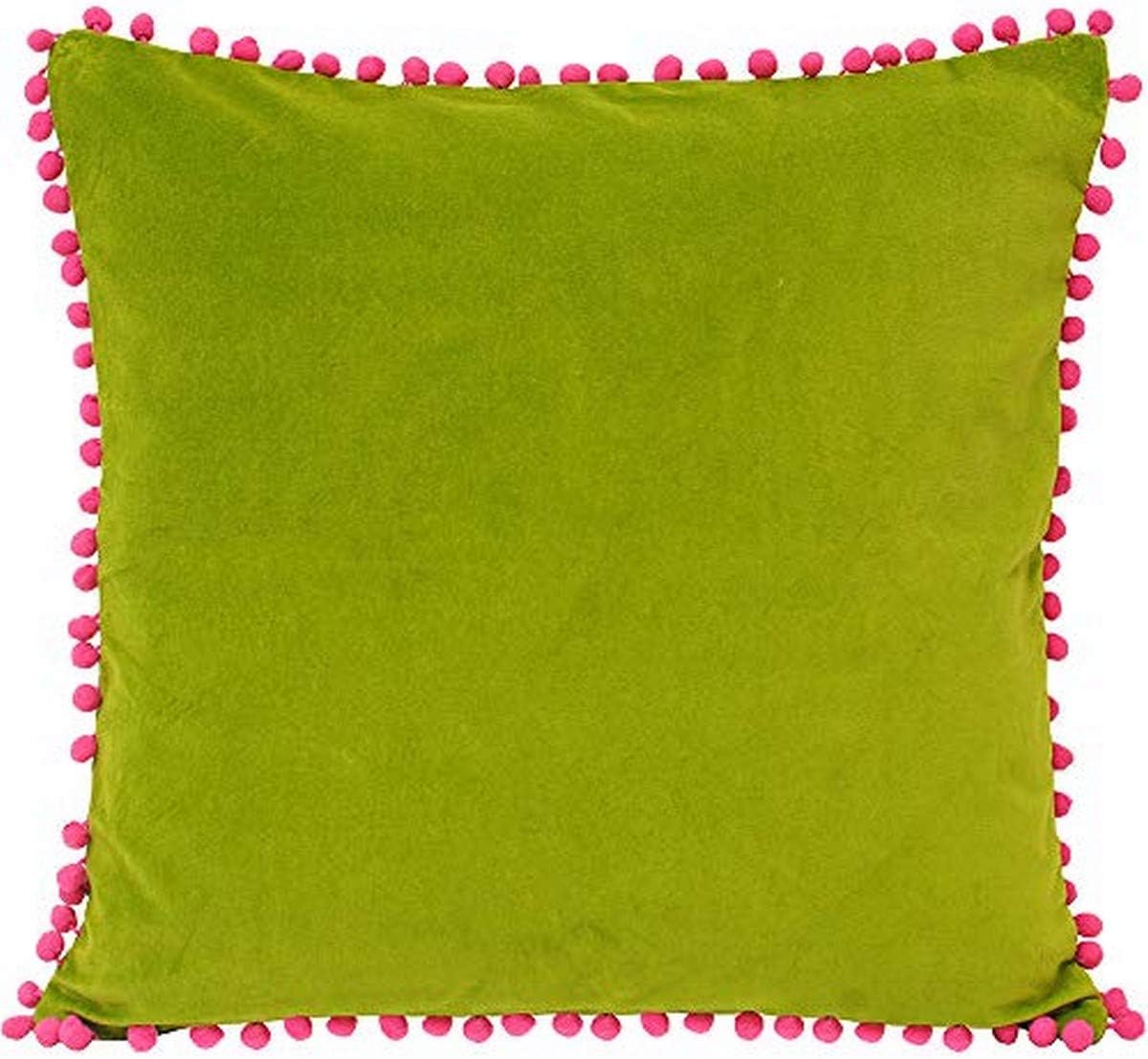 Riva Paoletti Feather Filled Cushion Faux Velvet Fabric-Contrasting Fuchsia Pink Pompom Edges-Hidden Zip Closure-100% Soft (18" x 18" inches)