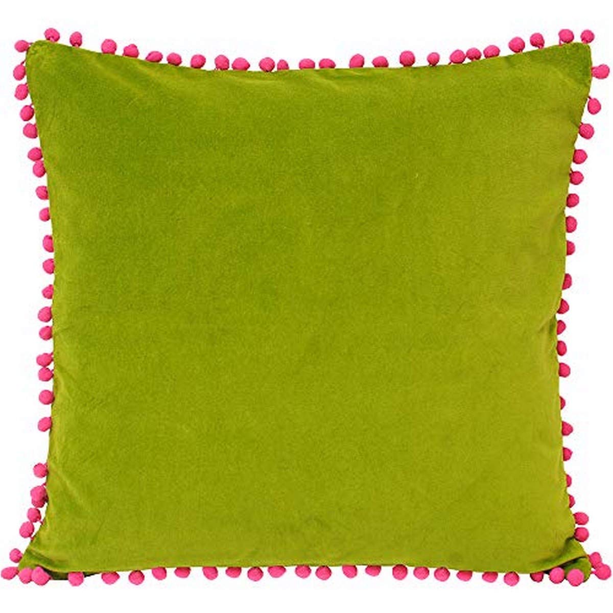 Riva Paoletti Polyester Filled Cushion Faux Velvet Fabric-Contrasting Fuchsia Pink Pompom Edges-Hidden Zip Closure-100% Soft (18" X 18" Inches), Cotton, Green, 45 X 45cm