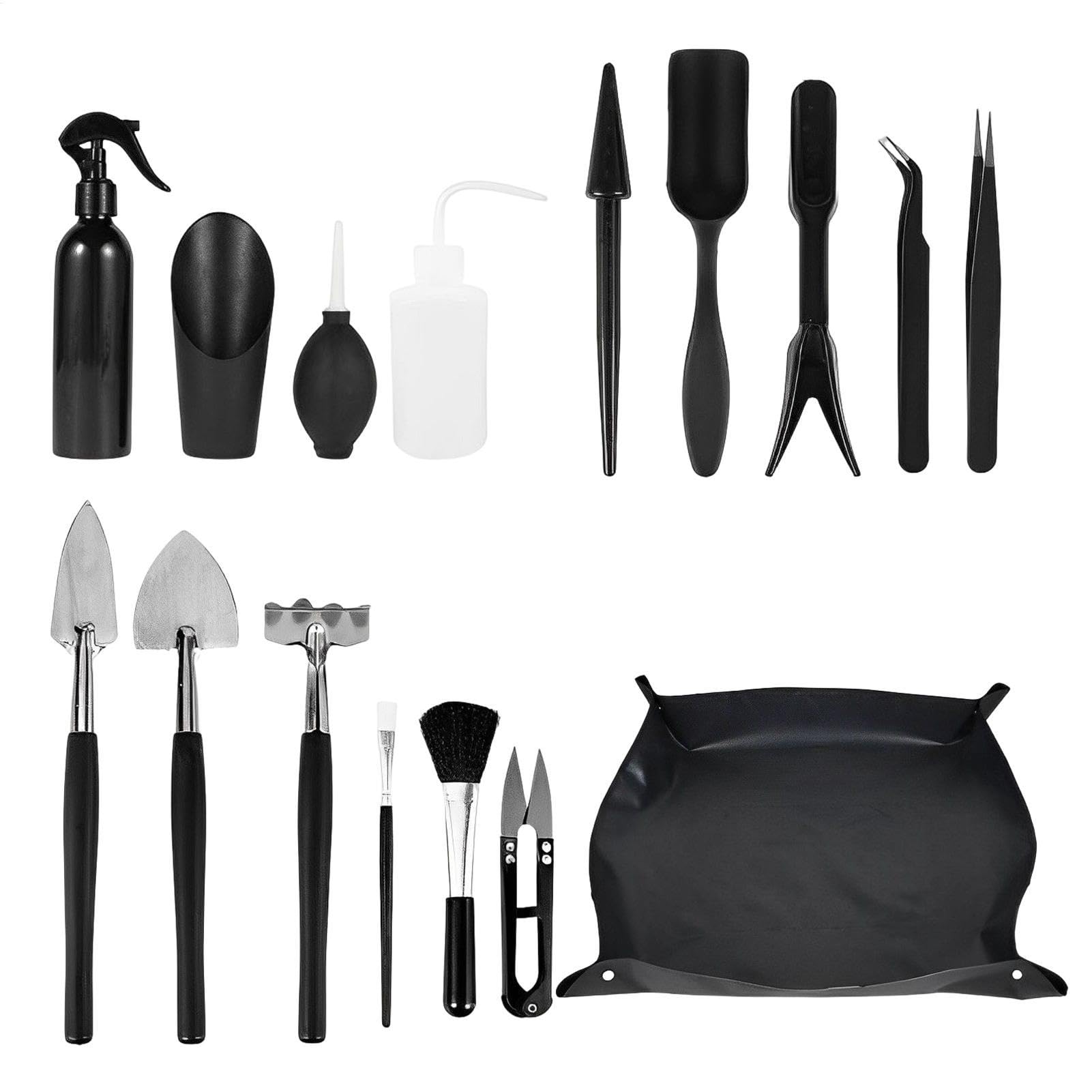 Kit di Utensili per Terrari, Strumenti per Piante Grasse | Manuale di 16 Pezzi Set da giardinaggio - min Strumenti per Piante Interne, Vasi di Vaso, Bonsai, Cactus, t