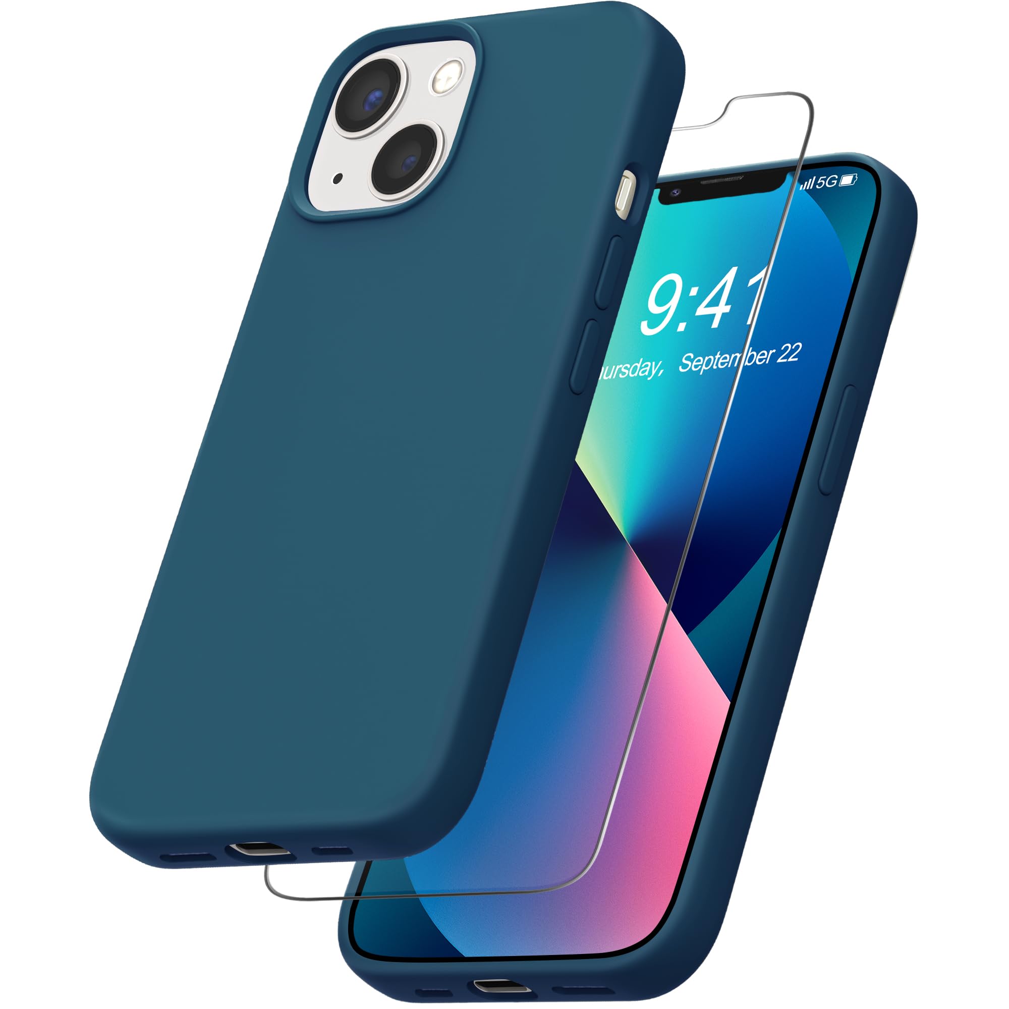 YATWIN Liquid Silicone Case Compatible for iPhone 13 with Tempered Glass Screen Protector, Slim Flexible Soft Full Body Shockproof Phone Case Compatible for iPhone 13 - Cosmic Blue
