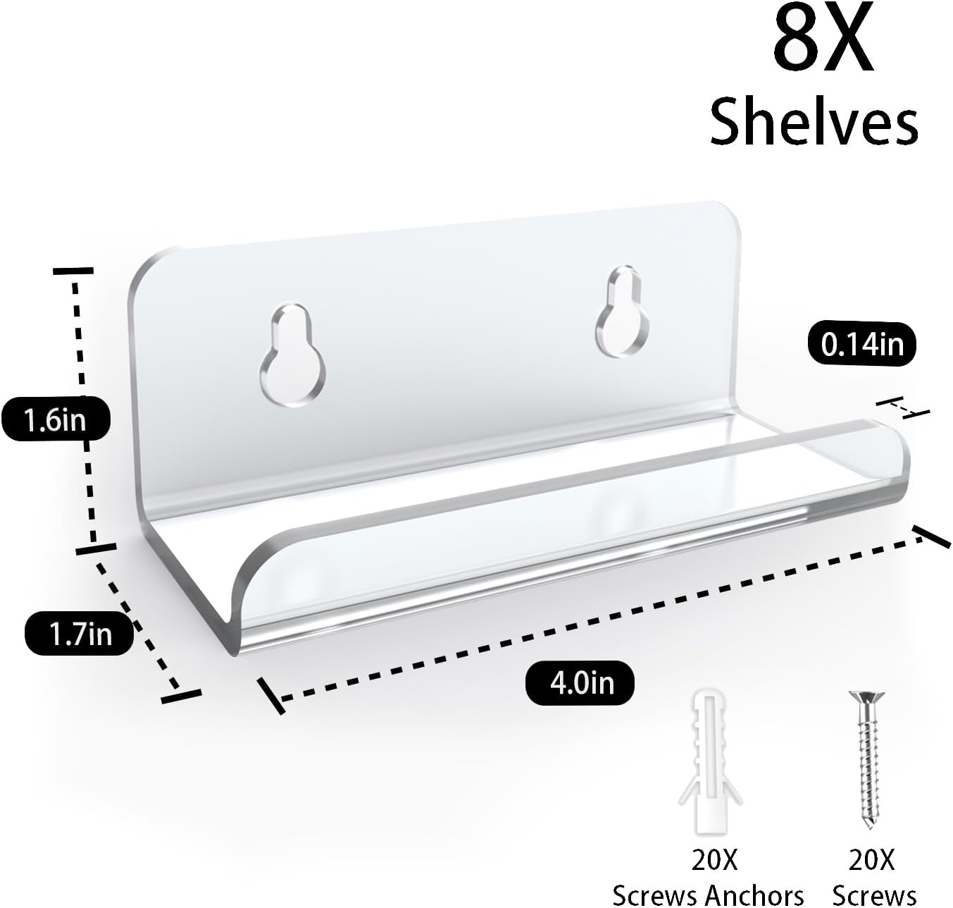 BLOLYO Clear 0.14 Inch Thick Acrylic Vinyl Record Shelf, 4 Inch Wall Mount Album Holder Display, 8 Pack LP Record Frame for Wall Decor image 4