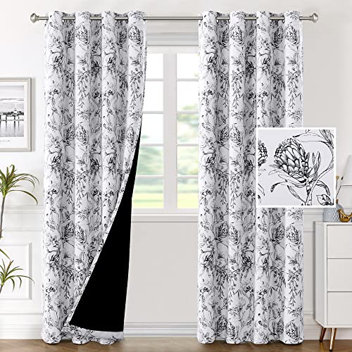 Image of BFAM Floral Print 100% Blackout Curtain with Black Linning at Back, Floral Print Curtains for Living Room /Bedroom Thermal Insulated Energey Saving Blossom Curtain, Pack of 1 Curtain