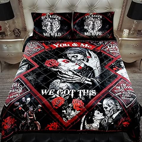 GEEMBI Gothic Skull Bedding Decorations, Wedding Anniversary, Valentines Day, Christmas, Birthday Gifts for Couple, Him, Her, Wife, Husband, Boyfriend, Girlfriend, Queen Size Bedding Set Cover
