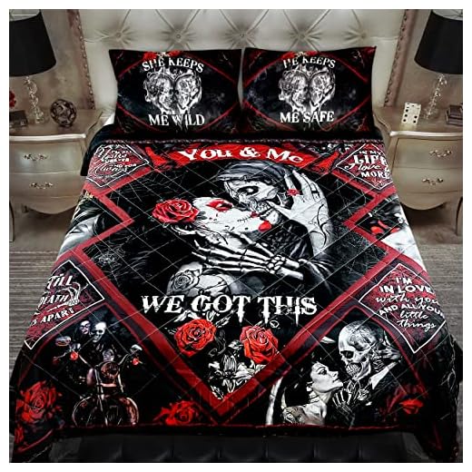 Gothic Skull Bedding Decorations, Anniversary, Birthday Gifts for Couple, Him, Her, Wife, Husband, Romantic Gift for Boyfriend, Girlfriend, Long Distance Relationship Gifts, King Size Bedding Set