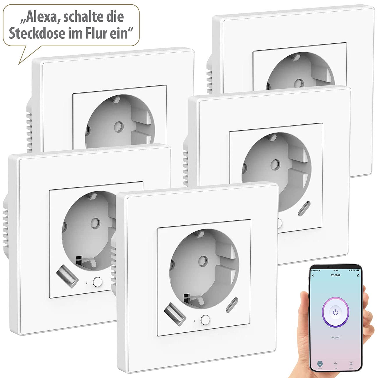 Luminea Home Control Steckdose Smart: 5er-Set WLAN-Unterputzsteckdosen mit App, je 1x USB A, 1x USB C, 2 A (Steckdose C, Netzwerk schalten, Tischsteckdose)