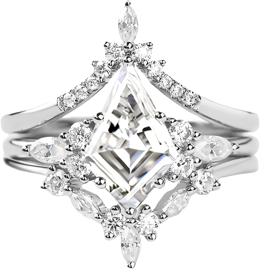 Kite Cut Gemstone Engagement Rings for Women 10K 14K 18K White Yellow Rose Gold Gemstone Wedding Ring Set Bridal Set 3pcs V Shaped Wedding Band Anniversary Promise Rings