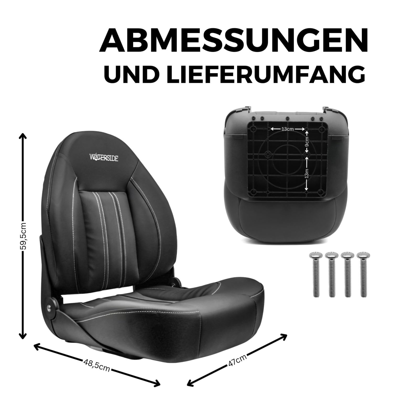 Waterside Captain Seat GTS Super Dark Series – Klappbarer Bootssitz mit Polsterung – Ergonomischer Angelstuhl für Boote – 47x43cm Sitzfläche – Montagefertig