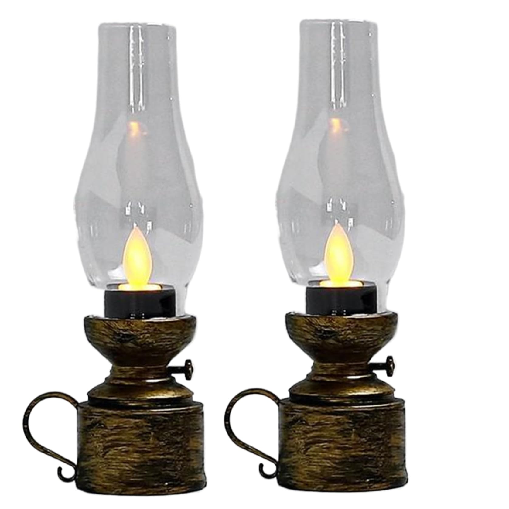 Wedhapy Oil Lamp Kerosene Lamp 2Pcs Flameless Flickering Vintage Oil Lantern 7x2in Hurricane with Handle Battery Powered PP for Halloween, Christmas, Bronze