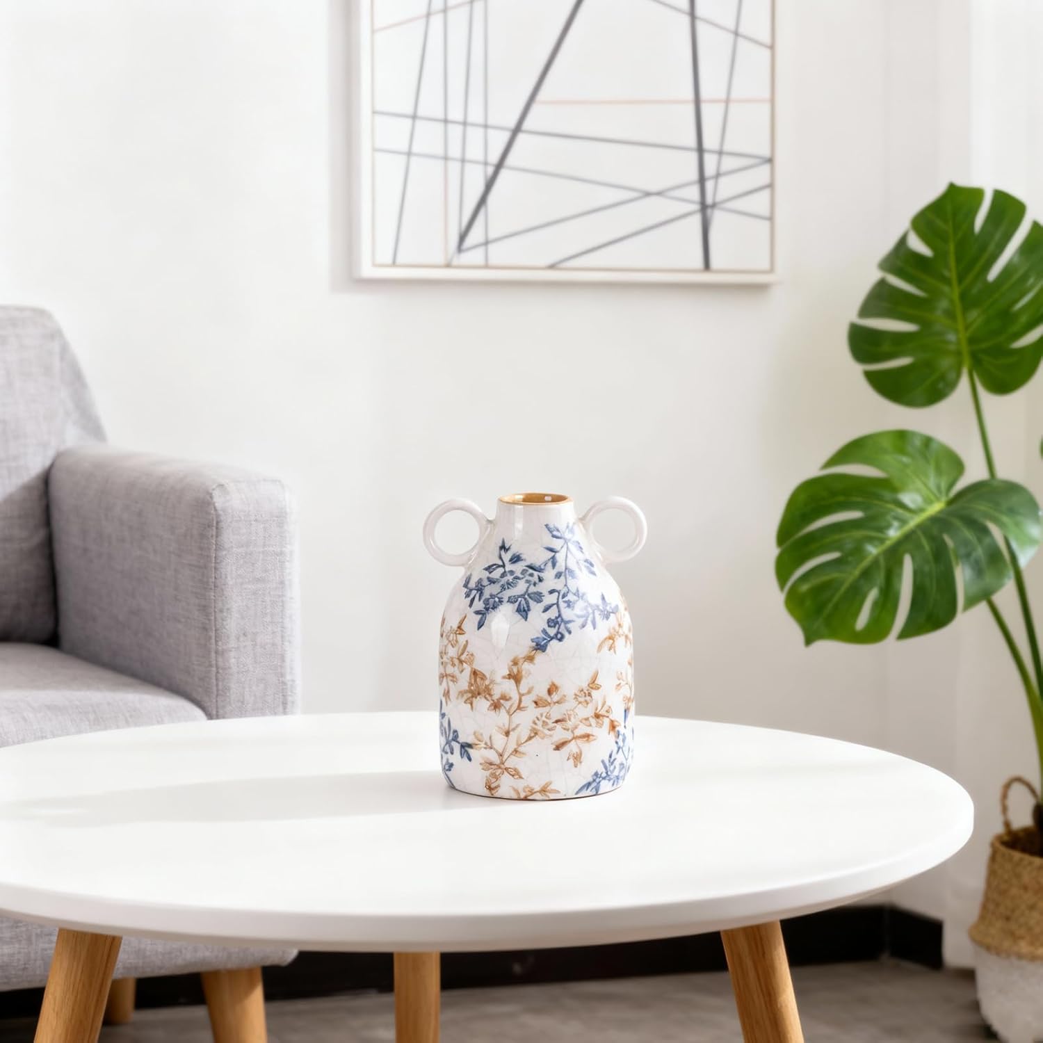 Vintage Blue Floral Ceramic Vase with Handles – French Country Crackle Glaze Jug Flower Vase for Farmhouse Living Room, Dining Table Centerpiece, or Bedroom Decor (Blue Floral)